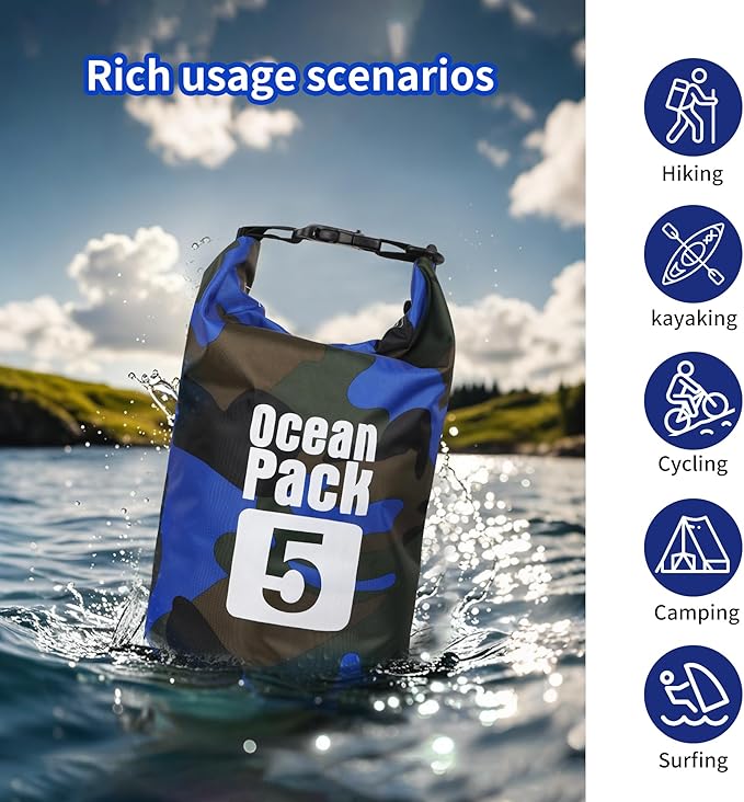 Dry Bag Waterproof for Women Men,5L Rolled Lightweight Dry Storage Bag Backpack with Phone Case for Travel,Swimming,Boating, Kayaking,Camping & Beach,Blue