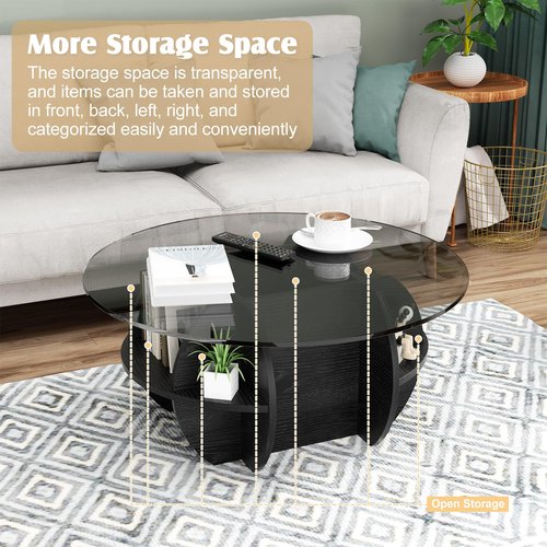 Round Coffee Table, Modern Coffee Table Glass Top with Solid Wood Base, Large Rustic Circle Center Cocktail Table Unique Accent Glass Coffee Table for Living Room (Round)