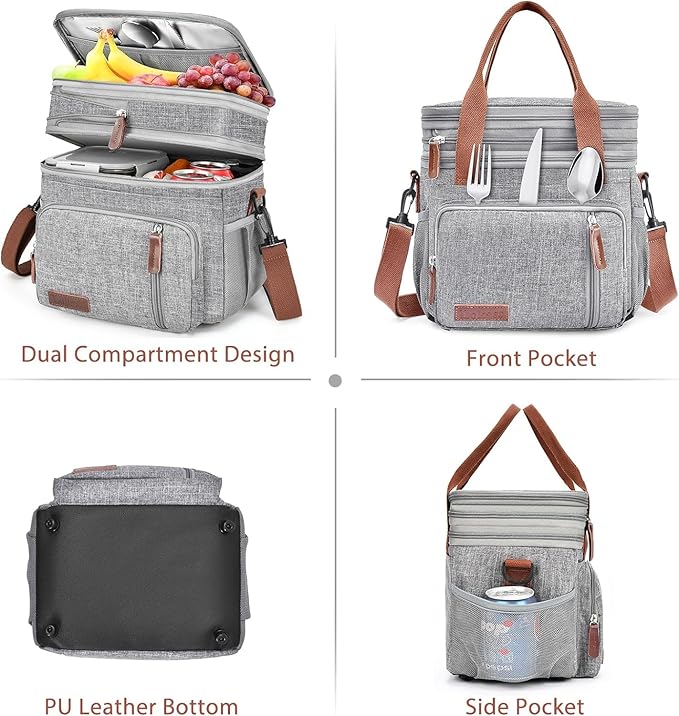 LOKASS Lunch Bag for Women/Men Work, 16L Expandable Double Deck Lunch box, Waterproof Leak-proof Cooler Bag, Portable Meal Prep Lunchbag with Adjustable Shoulder Strap-Grey