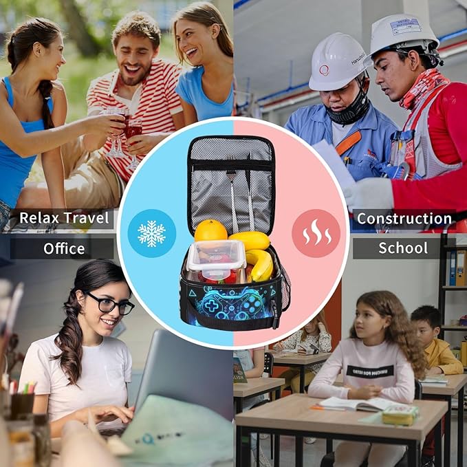Blue Video Games Joystick Gamer Lunch Bag For Boys Kids Fun Reusable Lunch Box Insulated Meal Bags Portable Lunch Tote For Girls School Men Work Travel