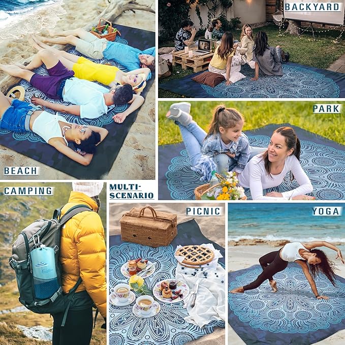 Beach Blanket Sandproof Waterproof 78''ร81'' 1-5 Adults Oversized,Compact Lightweight Durable Beach Mat for Travel Camping Hiking Picnic Blanket