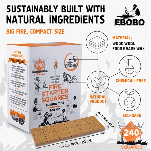 240 pcs Fire Starter Cubes โ Natural Wax-Based, Odorless & Non-Toxic โ Quick Ignition for BBQ Grill, Fireplace, Wood Stove, Fire Pit & Camping โ Easy, Mess-Free Lighting