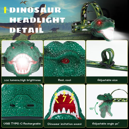 Dysaim Kids Headlamp,Rechargeable T-Rex Dinosaur Headlamp for Kids and LED Head Lamp Camping Gear Flashlight,Hiking Accessories Headlight Toys,Four Light Modes Suitable for Reading/Party Gift