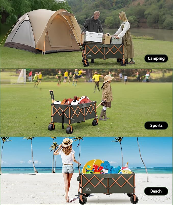 48โL Foldable Wagons Carts Extended, Collapsible Folding Wagon 500lbs Heavy Duty, 400L Large Beach Wagon, Utility Wagon with All Terrain Big Wheels for Sports, Camping, Grocery, Garden, Green