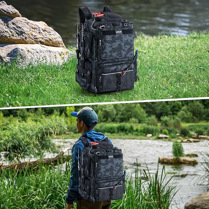 Goture IPX EVA Bottom Fishing Tackle Bag with Rod Holder, Waterproof 600D Fishing Backpack with 8 Lure Pockets & Rain Cover