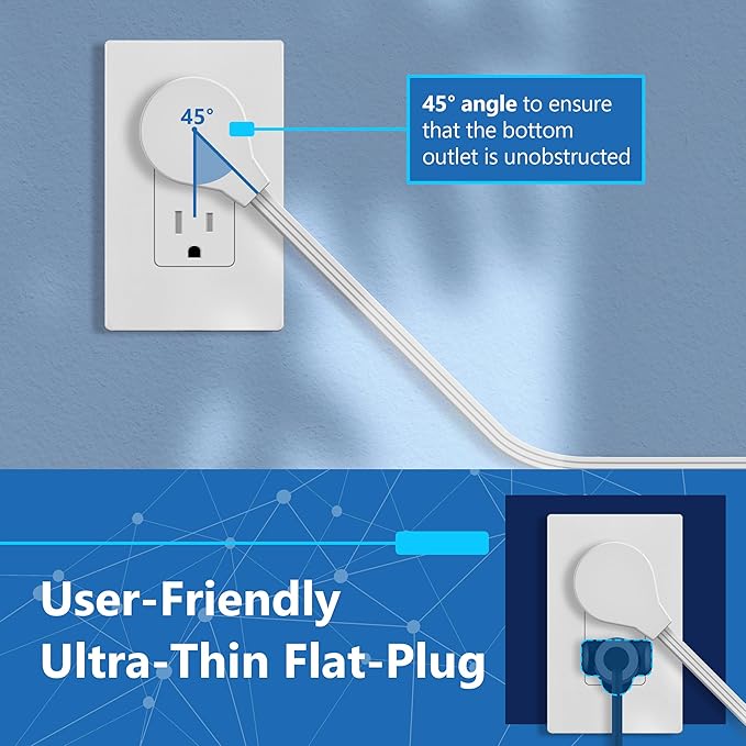 LIDER Outlet Extender with 4 Receptacles, USB-A and 2 USB-C, Ultra-Thin Flat-Plug with Cord Extender, 4-Outlet Power Strip, Slim Angled Design, Surge Protector, 1500 Joules, 5ft Cord, UL-Listed, White