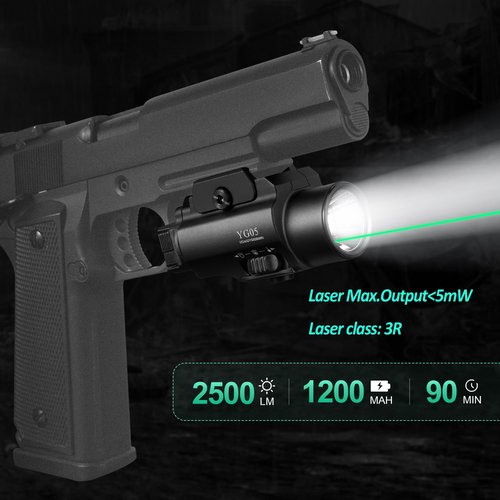 YOUNGOOD 2500 High Lumens Pistol Laser Light Combo, Tactical LED Flashlight, Adjustable Picatinny Rail Mount Airsoft Handgun Green Laser Weapon Llights, Type-C Rechargeable SIG Gun Flashlights