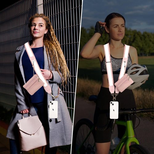 KSOPUERT Reflective Phone Strap for Walking at Night Adjustable Chain Phone Lanyard with Wallet for Runners Walkers Men Women Dog Walking,Reflective Light Green