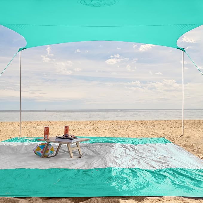 WEKAPO Beach Tent Sun Shelter - Easy Setup Beach Canopy with 4 Sturdy Poles, Large Sandbags and Shovel, 7'1'' Tall, Windproof Sun Shade for Backyard and Camping, UPF 50+ Protection