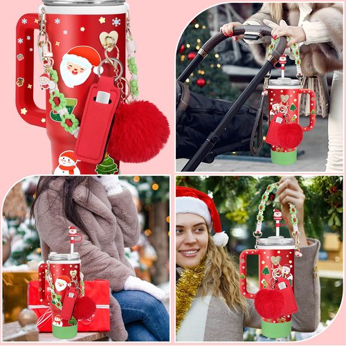 Mity rain 8PCS Cup Accessories for Stanley Cup 30oz 40oz Tumbler with Handle, Including Water Bottle Handle Strap, Chapstick Holder, Boot, Keychain Charms, Straw Topper Cover Cap for Stanley (Red)