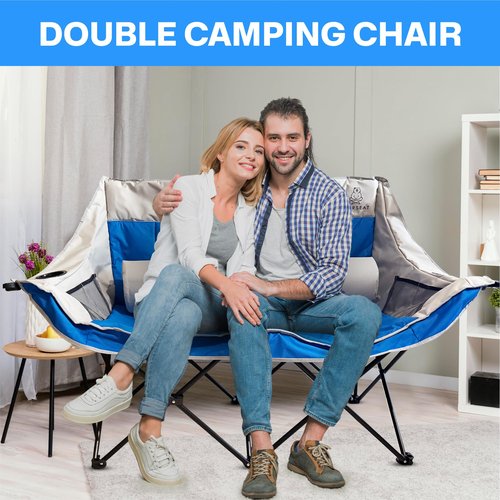 BEARSEAT Double Camping Chair – Foldable Chair with Lumbar Support Cushions and Carry Bag – Padded Portable Heavy-Duty Loveseat with 4 Mesh Pockets, 2 Cup Holders, Wine Glass Holder