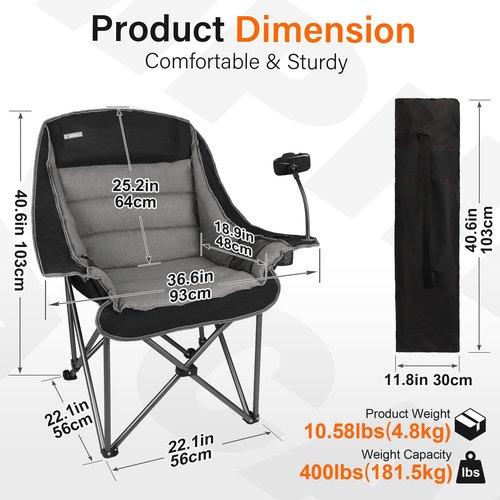 Camping Chairs for Adults-Oversized Extra Large Lawn Chair,Folding Comfy Padded Chair w/Phone Holder,Side Pocket,Cup Holder for Outdoor,Wide&Thick,Heavy Duty 400Lbs,Black