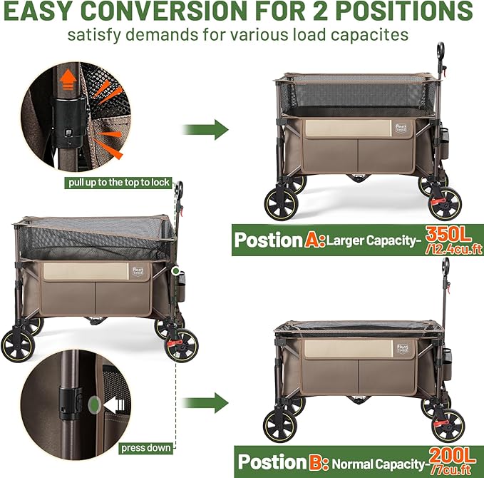 TIMBER RIDGE 350L Extra Large Collapsible Folding Wagon Carts with Brake, Heavy Duty Outdoor Camping Utility Wagons with Extended Height, Adjustable Handle, Cup Holders, Side Bag(Tan)