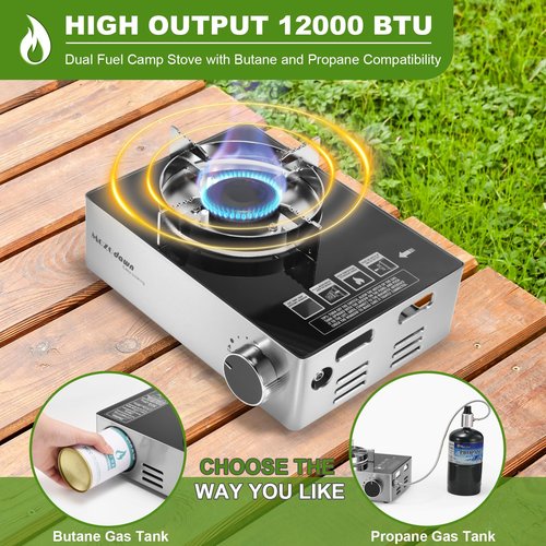 MOZODAWN Dual Fuel Camp Stove, 12000 BTU Portable Propane/Butane Stove with Case, Adapter Hose, Wind Guard, Single Burner Propane Stove for Home Kitchen, Camping, Picnics, Hiking, Fuel Not Included