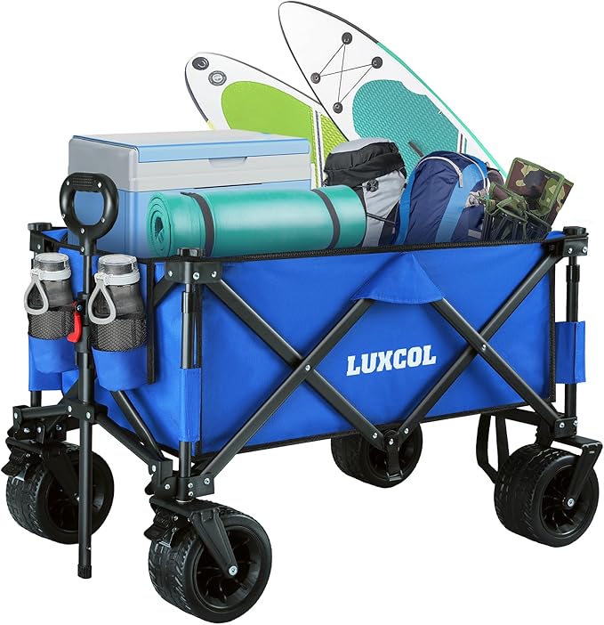 LUXCOL Collapsible Folding Wagon, Heavy Duty Utility Beach Wagon Cart for Sand with Big Wheels, Adjustable Handle&Drink Holders for Shopping, Camping,Garden and Outdoor