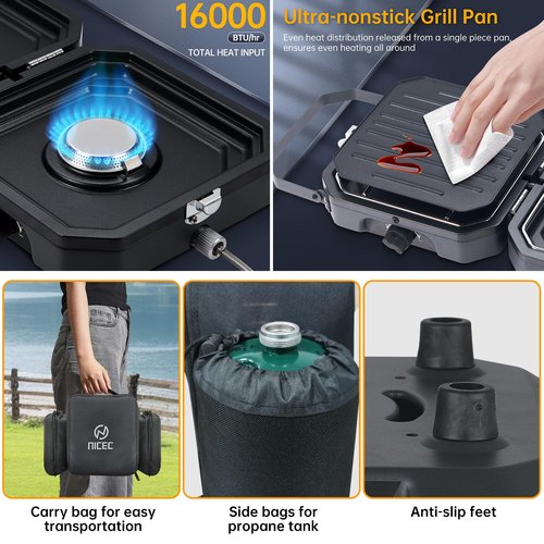 Nice C Camping Stove, Portable Camping Stove Propane, 2 Burner Propane Stove with Grill, Camp Stove, 16,000 BTU Camp Stove with 2 Burner, Grill & Carry Bag for Camping