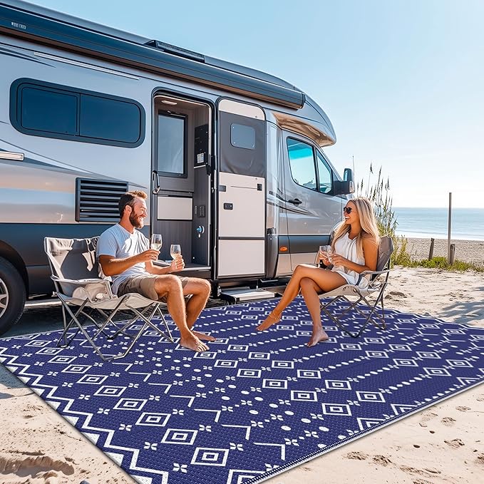 StepRite 5’ x 8’ Reversible Outdoor Rug, Waterproof Plastic Straw Rug, Patio Rug, Large Modern Area Rug Carpet, Indoor Outdoor Rugs for Camping, Porch, Deck, Balcony, Backyard, RV, Picnic(Blue)