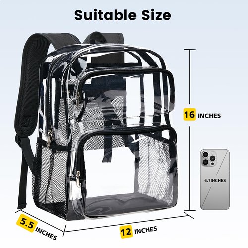 Vorspack Clear Backpack Heavy Duty - Large Clear Bookbag Transparent Backpacks See Through Backpack for College Work Travel Festival - Black(2 Pack)