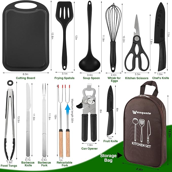 Camping Essentials Cookware Cooking Utensils Set - Portable Camp Kitchen Mess Kit Outdoor Accessories, Stainless Steel & Silicone, Camping Gear Equipment for RV Picnic Grill