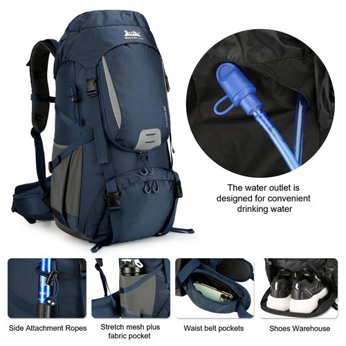 Mountain Land 40L Camping Hiking Backpack with Waterproof Rain Cover Backpacking for Treeking Outdoor Travel Pack Dark Blue