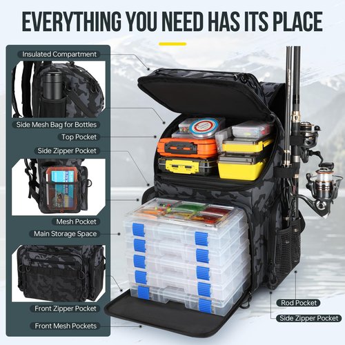 PLUSINNO Fishing Backpack with Rod Holders & Cooler, 45L Large Water-resistant Tackle Bag, Black Camo