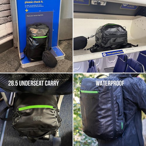 COR Surf Carry On Travel Backpack | Island Hopper 2.0 Ultralight Airline Approved Personal Item Backpack | 28L Black | Waterproof Edition - FREE S-Clip Included