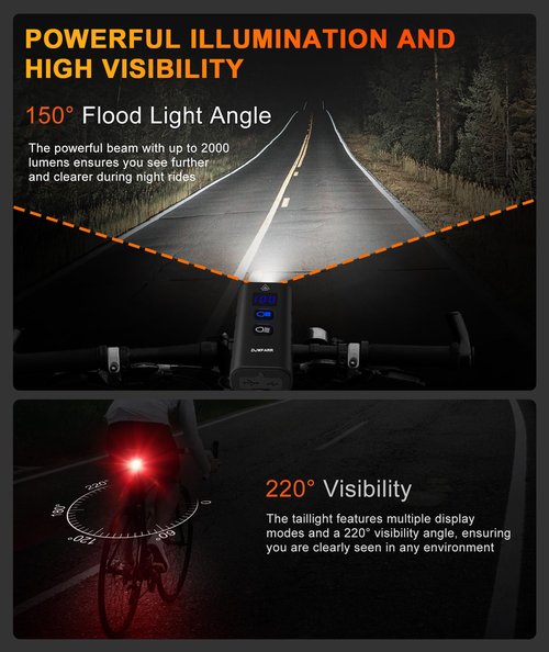 DJWFARR Bike Lights for Night Riding, Bicycle Headlight & Tail Light Set, 2000 Lumens Super Bright Road Mountain Lights, Rechargeable & 6400mAh Ultra-Long Battery Life, 13 Lighting Modes
