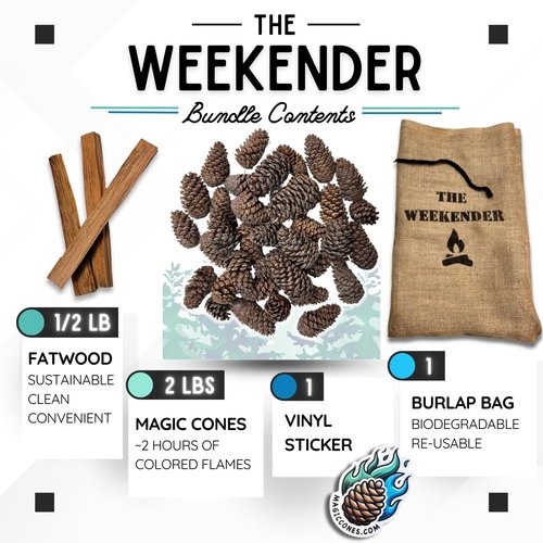 Magic Cones The Weekender Bundle-30 Color-Changing Pine Cones & Fatwood Firestarter Sticks – Perfect for Family Campfires, Bonfires, and Backyard Gatherings – USA-Made, and Fun Fire Enhancer Set (1)