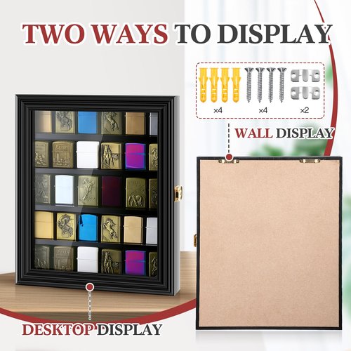 Silipull 30 Lighter Display Case Wall Mount Display Case for Lighter Detachable Wooden Cabinet W/98% UV Protection Acrylic Door Lockable Storage Box for Collection, 11.5x13.78x1.57 Inch, Black Finish