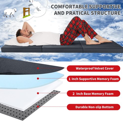 HOMBYS Tri Folding Memory Foam Camping Mattress for Outdoor Sleeping, Portable Waterproof Camping Pad Mat for Travel Truck Bed Tent,72" L x 24" W, Grey