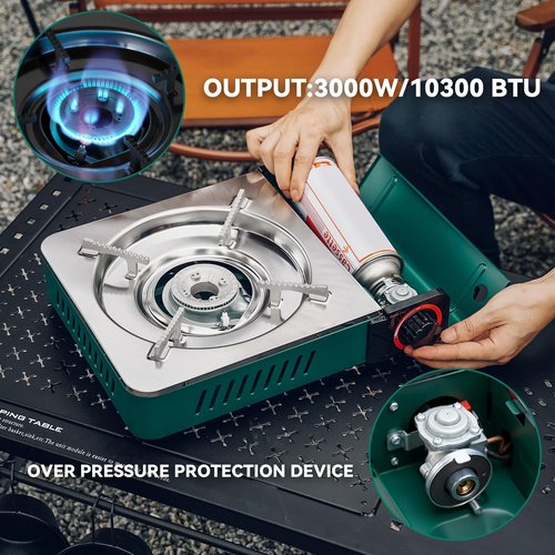 ONLYFIRE Butane Stove with Carrying Case, Portable Camping Stove, 13.5x11in Compact Backpacking Camp Stove for Camping, Hiking, RV Trip, Breakfast, Hotpot and Emergency, 6900BTU, Green GS347