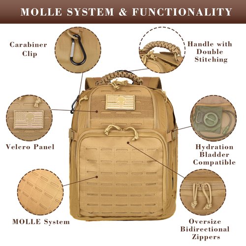 AZULDEZ Military Tactical Backpack, 40L Tactical Backpack for Men, Army 3 Days Assault Pack, Military Molle Backpack Waterproof, EDC Hiking Bug Out Bag with Water Bladder Compartment, Hiking Rucksack
