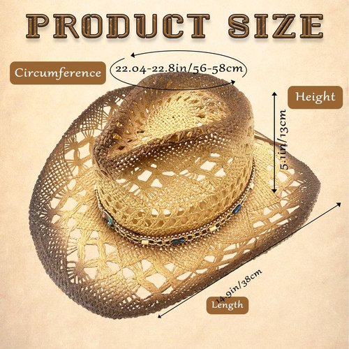 Men's Women's Western Straw Cowboy Hat, Cowgirl Sun Beach Hat with Two Decorative Bands and a Hair Band, Wide Brim Brown