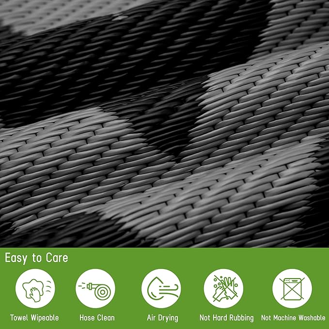 Easy-Going Reversible Outdoor Rugs 6x9ft Waterproof Plastic Straw Rug Stain & UV Resistant Floor Mat for Patio Porch RV Backyard Pool Deck Picnic Beach Trailer Camping (Waved Black & Grey)