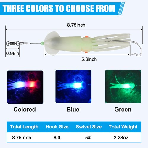 Saltwater Squid Fishing Lures,LED Fishing Lures Lighted Glow Squid Lure Jigs Soft Trolling Squid Lure Deep Drop Flashing Lights Offshore Lures for Halibut Lingcod Mackerel Tuna Striper