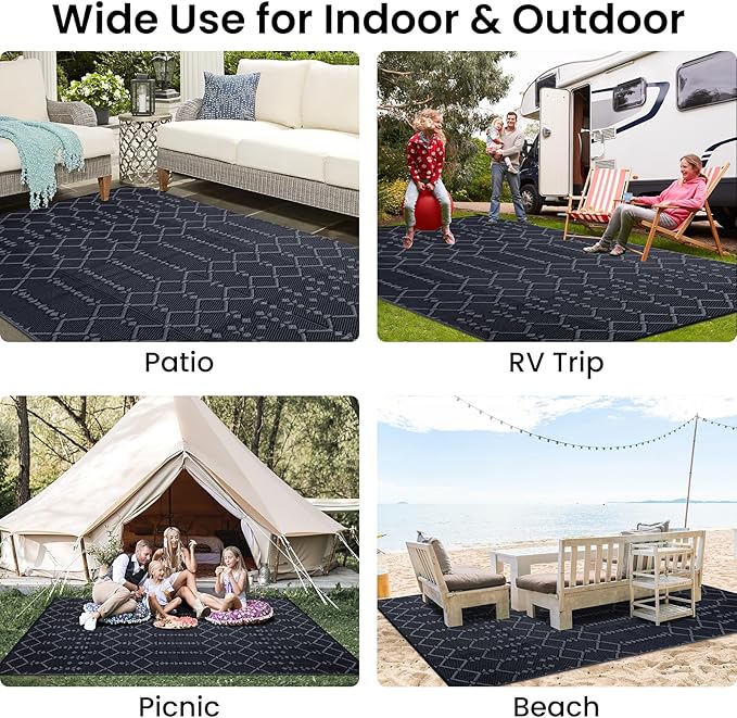 Smiry Outdoor Rug 9x12 ft, Waterproof Reversible Plastic Straw Rugs, Boho Outdoor Area Rug, Outside Floor Mat for Patio, Backyard, Deck, Picnic, Beach, Camping, Dark Grey