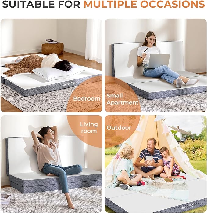 Sweetnight Tri Folding Mattress - 4-inch Foldable Mattress with a Collapsible and Washable Cover | Medium-Firm with Non-Slip Design | Suitable for RV, Camping, Guest (Queen (U.S. Standard)