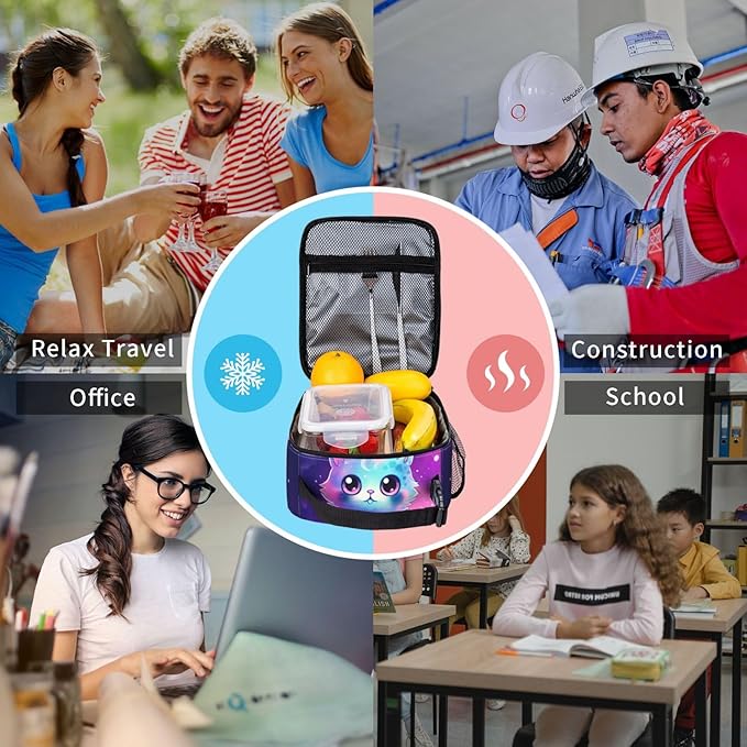 Galaxy Cute Cat Printed Insulated Lunch Box Portable Purple Lunch Bag with Detachable Handle,Reusable Lunchbox for Girls Boys Adults