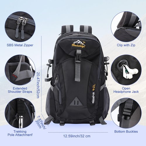 HaetFire Hiking Backpack 40L Lightweight Breathable Back Pack for Men Women Travel Camping Daypack Bag, Waterproof Rucksack Packable for Cycling Climbing Walking Mountaineer Outdoor Sports Black