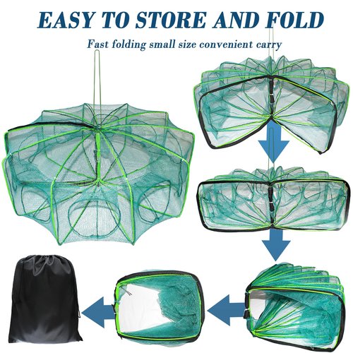 10 Sides 10 Holes Fishing Bait Trap, 32 * 10 Inch Portable Folded Fishing Nets for Minnow Crab Shrimp Crawdad, Upgrade Nylon Mesh Net Fishing Equipment