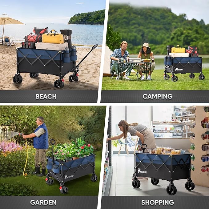 PTEROMY 150L Collapsible Wagon Cart Foldable, 360lbs Load Bearing Beach Cart Foldable Wagon for Shopping, Camping, Garden, Grocery, Outdoor (Black+Red)