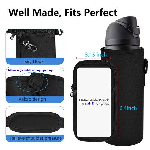 Icesip Water Bottle Carrier Bag with Strap for Owala FreeSip 32oz with Detachable Phone Pocket for Owala Accessories 32oz Water Bottle Sleeve for Walking Camping Gym Black