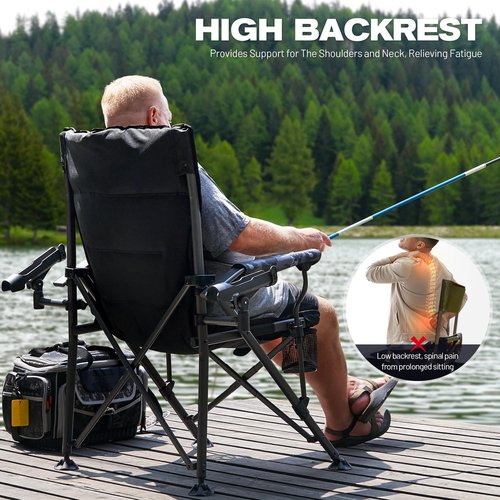 Oversized Camping Chair, Heavy Duty Support 350 LBS Folding Chair, Feet Rotatable Padded Fishing Chair with Rod Holder, Cup Holder, Side Pocket, Hard Armrest for Beach, Fishing,Trip,Picnic,Lawn