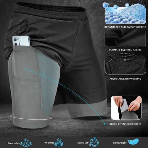 RDX Men’s Running Shorts, 2 in 1 Athletic Breathable Short Compression Liner, 2 Zipper and 2 Phone Pockets, Lightweight Black