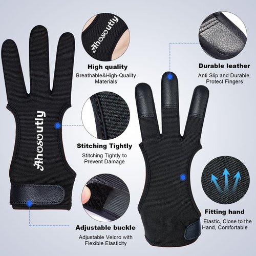 AHOSOUTLY Archery Glove Three Finger Leather Elasticity Archery Protective Gloves Archery Shooting Gloves for Adult and Kids,Protective Gear (Black, Medium)