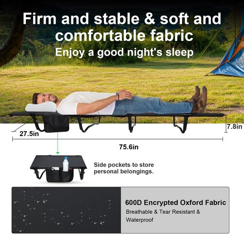 Oushome Camping Cot, Ultralight Folding Backpacking Cot, Max Supports 352lbs, Portable Camping cots for Adults, Camping Bed for Camping, Outdoor Travel, Hiking, Home, Mountaineering (Black)
