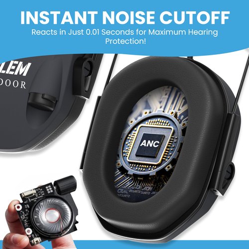 Emblem Outdoor Shield Pro Electronic Shooting Ear Protection for Gun Range | NRR 23dB | 4X Sound Amplification. Adult and Kid Hearing Protection Earmuffs for Noise Cancellation - Black