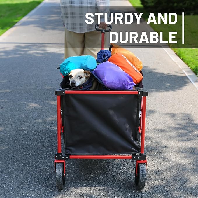 EchoSmile Heavy Duty 350 Lbs Capacity Collapsible Wagon, Outdoor Folding Camping Wagons, Grocery Portable Utility Cart, Adjustable Rolling Carts, All Terrain Sports Wagon with Big Wheels (Black-Red)