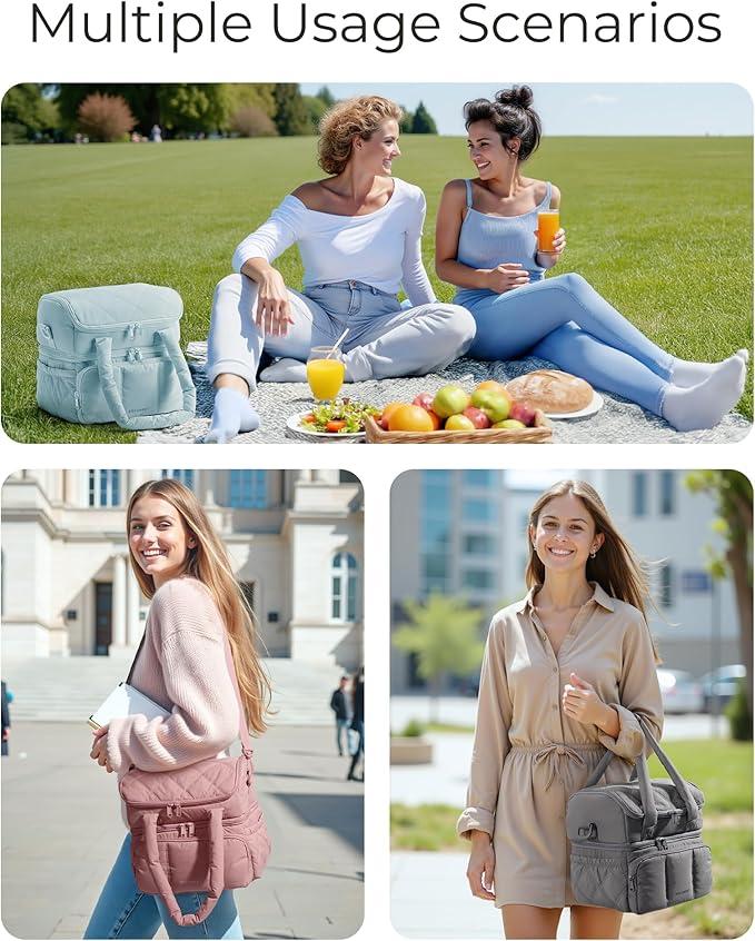 BAGSMART Lunch Bag Women, Double Deck Insulated Lunch Box, Quilted Puffer Lunch Tote, Leakproof, Durable & Reusable Large Lunch Cooler For Work Picnic Travel Meal Prep, Camel