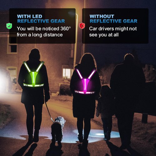 ELLUMIN LED Reflective Running Vest Gear, Rechargeable 5 Lights Colors High-Visibility Gear with Adjustable Waist/Shoulder for Man Woman Night Running Cycling Walking Dogs(Pink & Green)